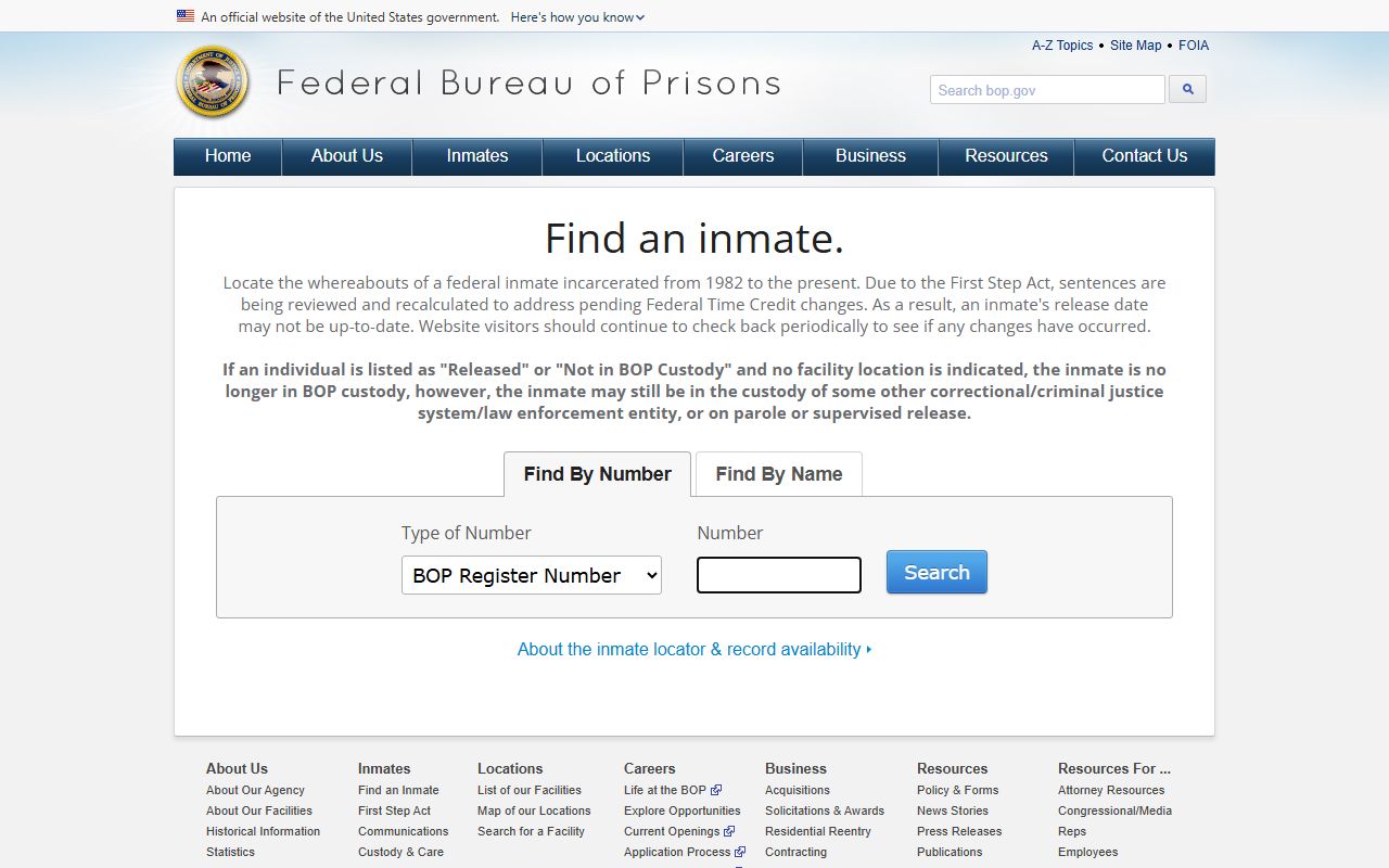 Federal Bureau of Prisons Inmate Locator overview page
