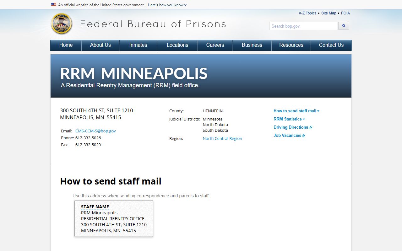 Federal Bureau of Prisons Residential Reentry Management Minneapolis location page
