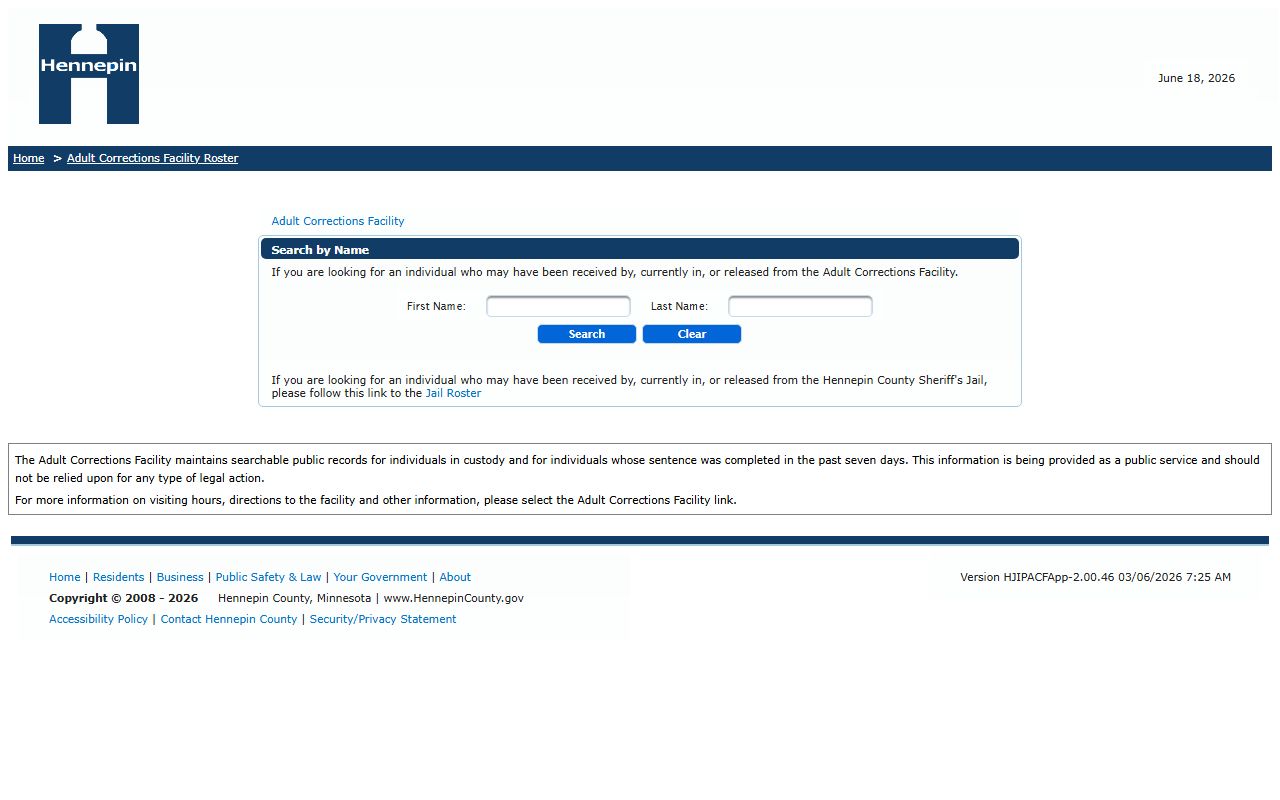 Official Hennepin County Adult Corrections Facility roster search form with first name and last name fields