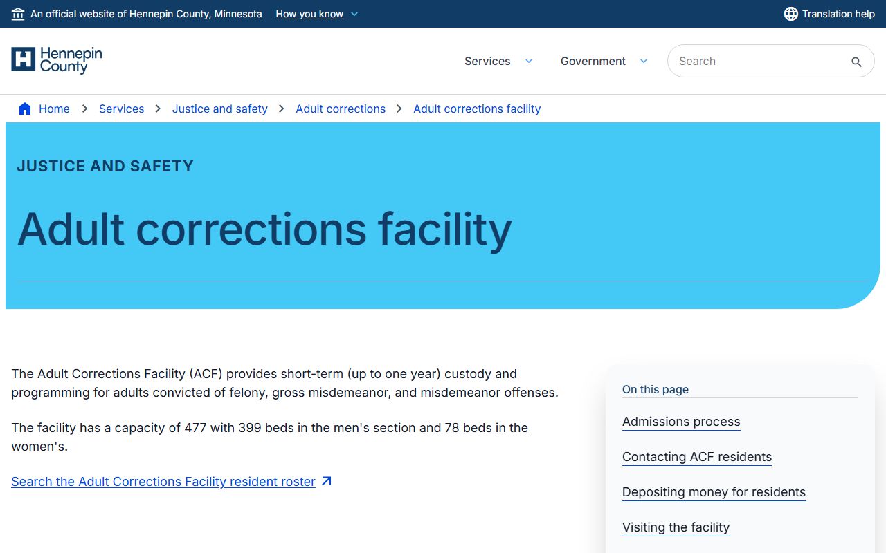 Official Hennepin County Adult Corrections Facility page with capacity, admissions, visiting, mail, money, and programs