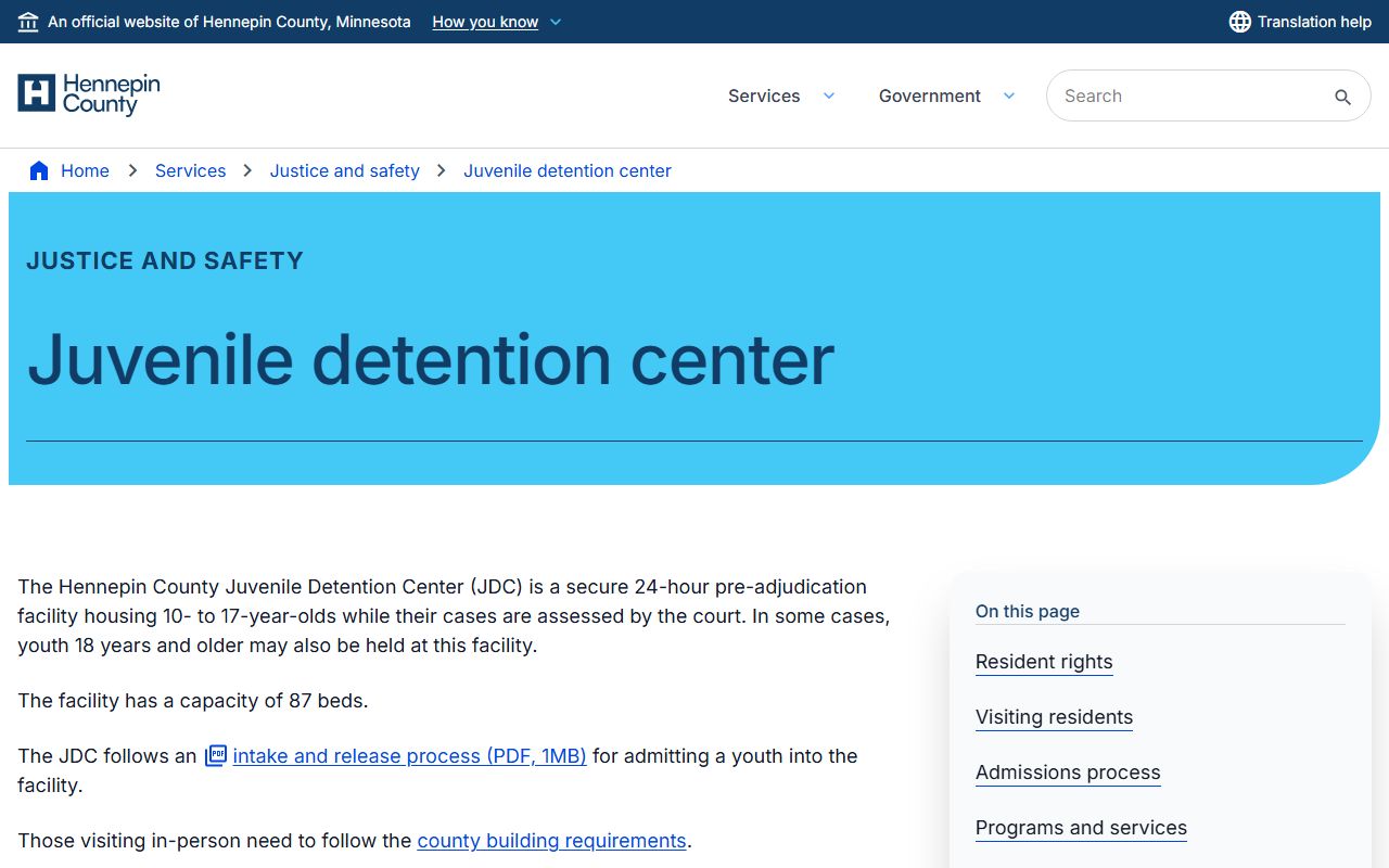 Official Hennepin County Juvenile Detention Center page