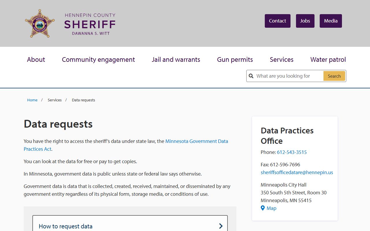 Hennepin County jail mugshots sheriff data request page