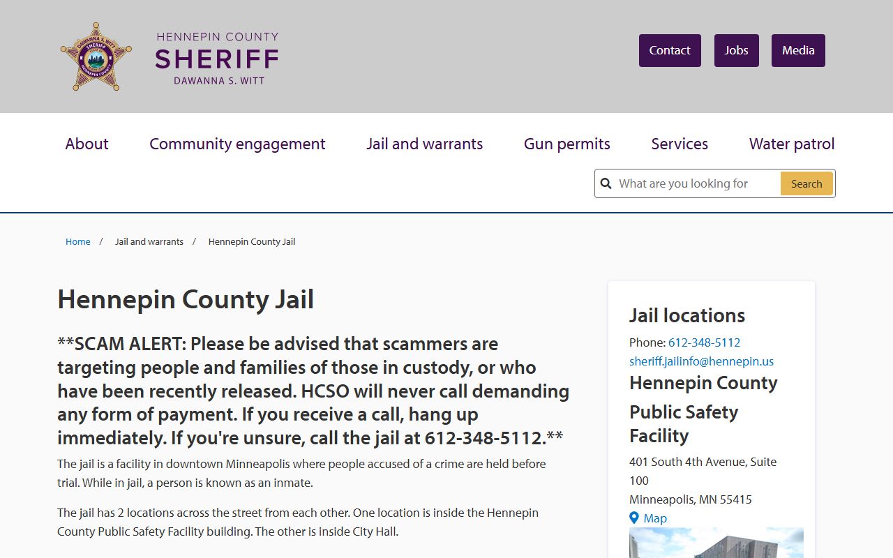 Hennepin County sheriff jail page showing Adult Detention Center roster, bail, visiting, money, and locations