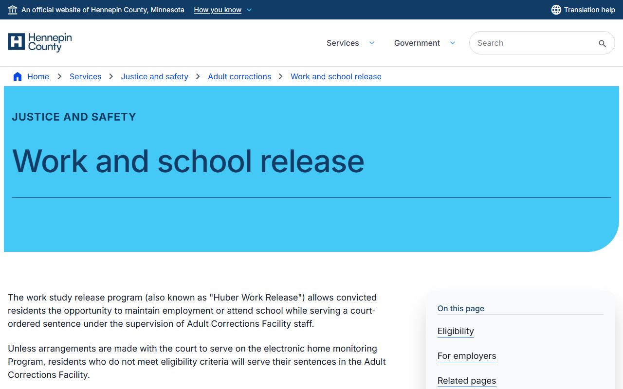 Official Hennepin County work and school release page with contacts and resident mail format